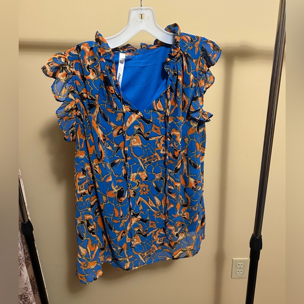 Floral Ruffle Sleeve Top - Blue and Orange